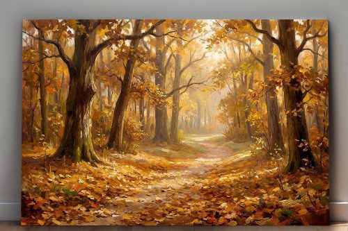 Herbstweg im warmen Licht, Stimmungsvolles Bild auf Leinwand