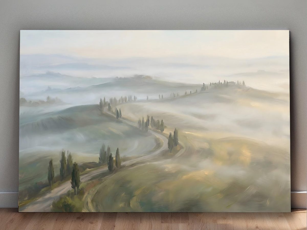 Sanfte Hügel im Morgennebel, Stimmungsvolles Bild auf Leinwand