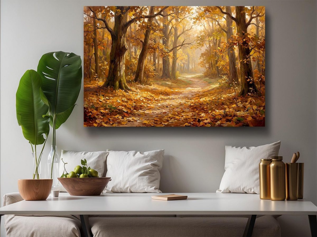Herbstweg im warmen Licht, Stimmungsvolles Bild auf Leinwand