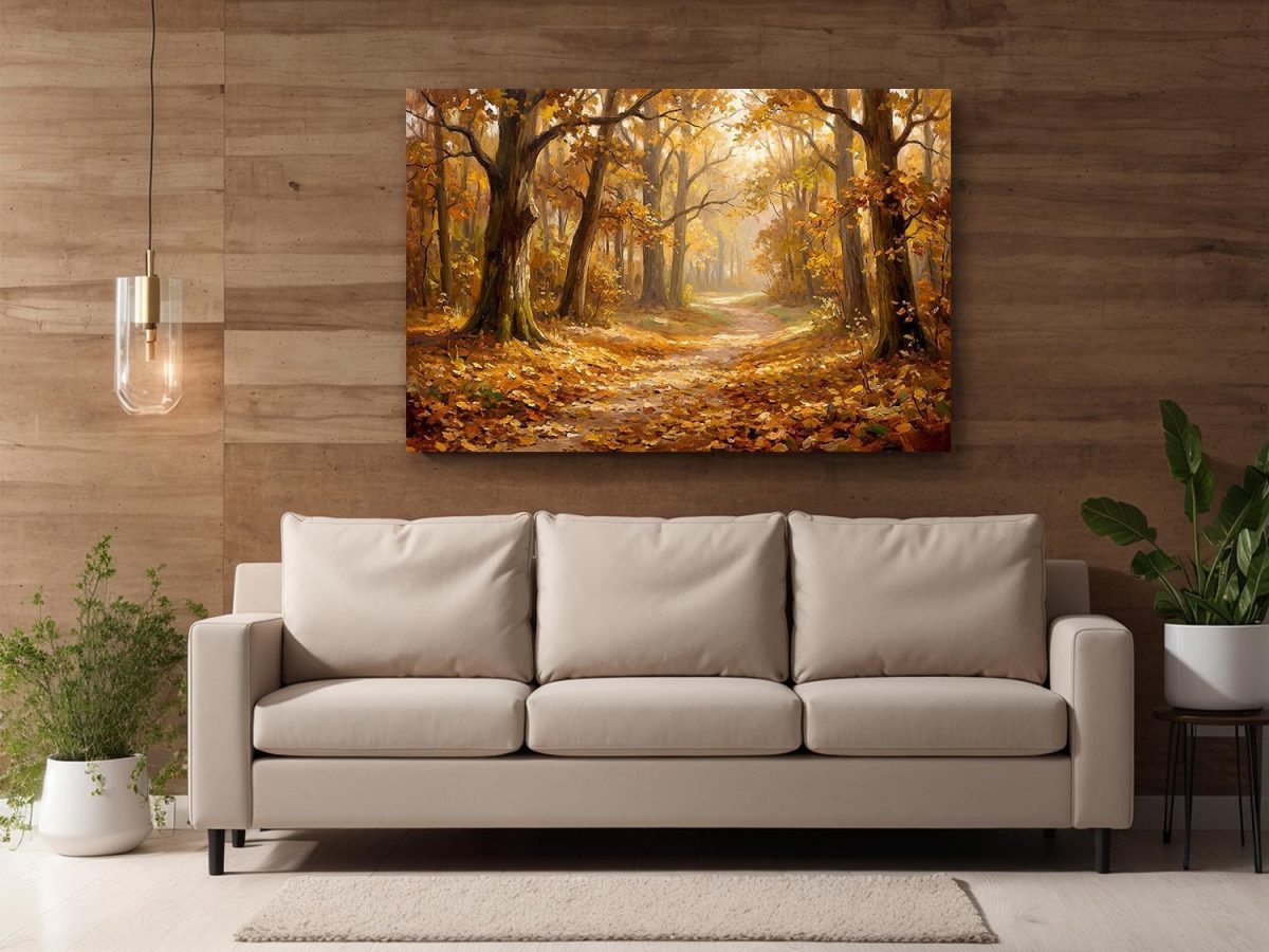 Herbstweg im warmen Licht, Stimmungsvolles Bild auf Leinwand