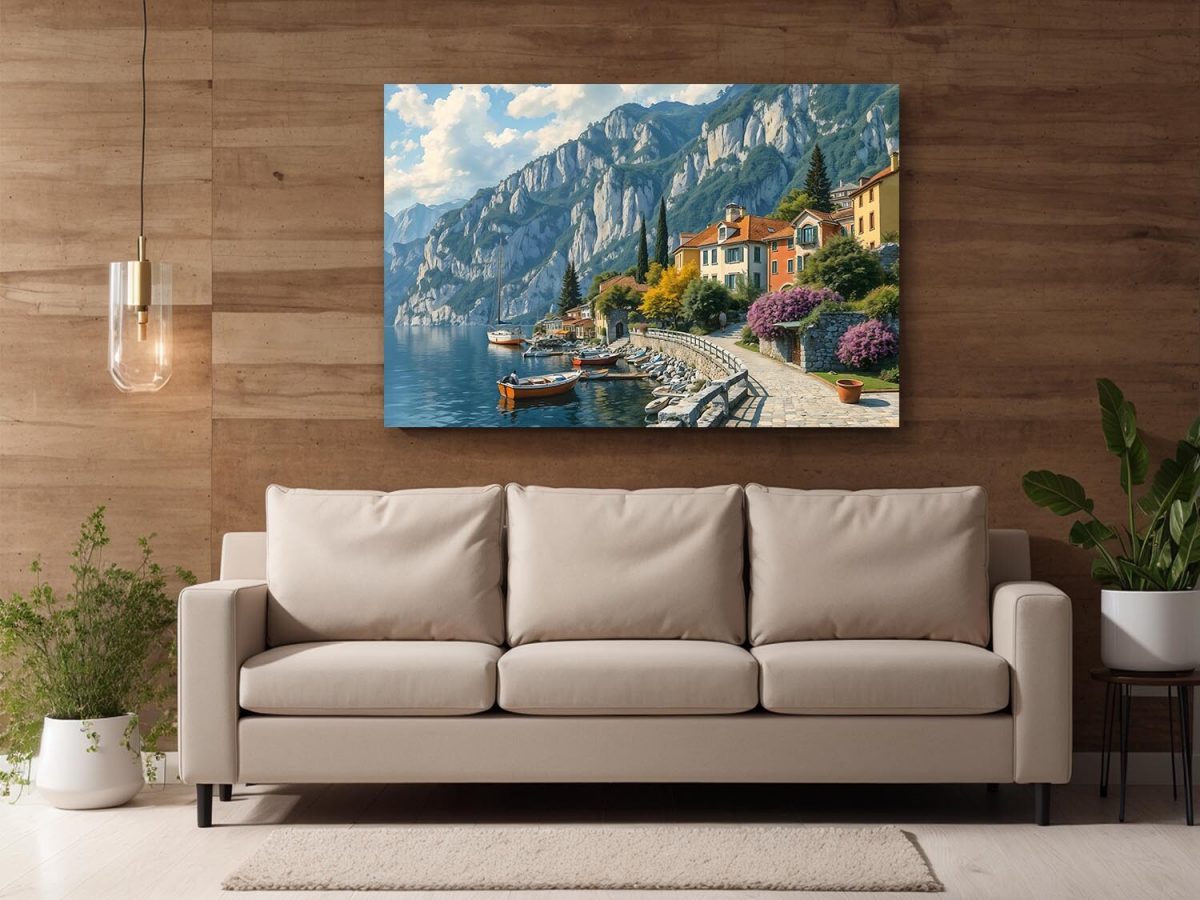 Küstenstadt am Gardasee mit Blick auf die Berge, Digital Art, KI Art