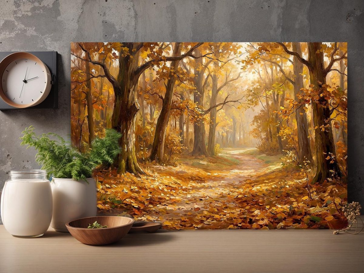 Herbstweg im warmen Licht, Stimmungsvolles Bild auf Leinwand