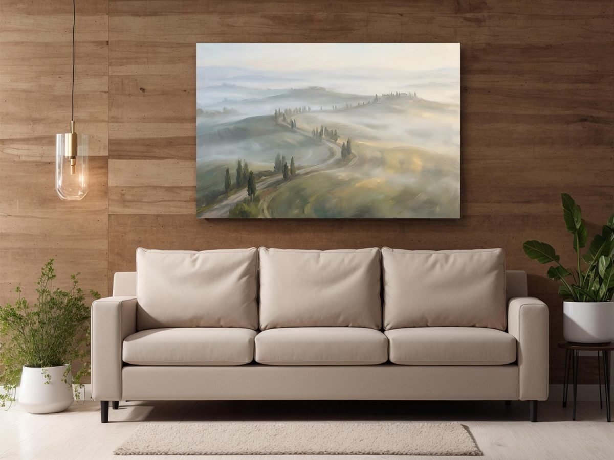 Sanfte Hügel im Morgennebel, Stimmungsvolles Bild auf Leinwand