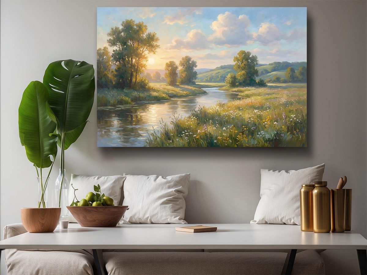 Flusslandschaft im Abendlicht - Harmonisches Bild auf Leinwand