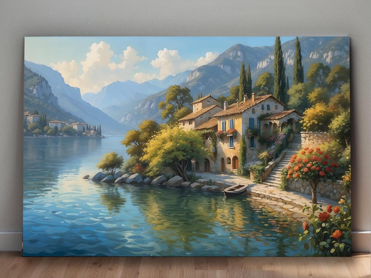 57-89.jpg Uferhaus am Gardasee mit Blick auf die Berge, Digital Art, KI Art