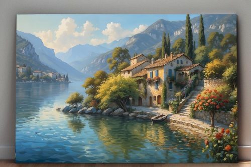 57-89.jpg Uferhaus am Gardasee mit Blick auf die Berge, Digital Art, KI Art