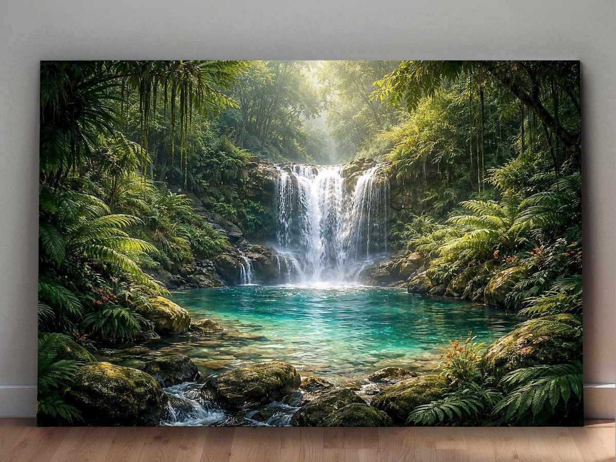 57-893.jpg Ruhiger Wasserfall im grünen Wald, Bild auf Leinwand