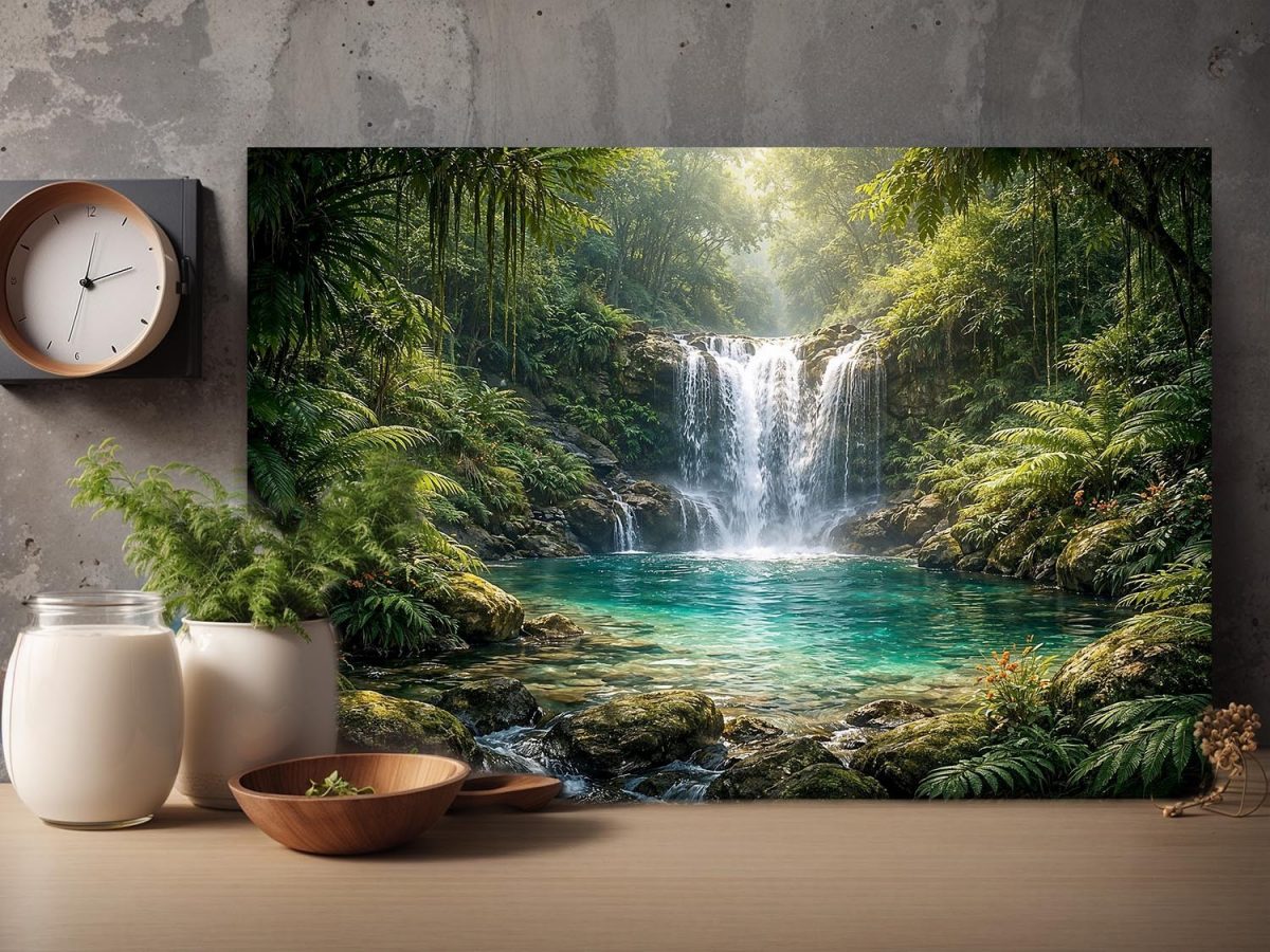 57-902.jpg Ruhiger Wasserfall im grünen Wald, Bild auf Leinwand