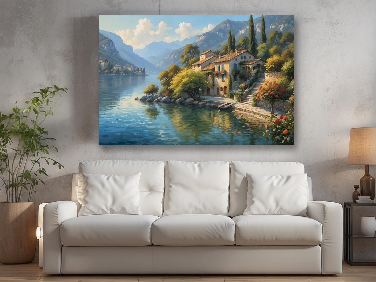 57-91.jpg Uferhaus am Gardasee mit Blick auf die Berge, Digital Art, KI Art