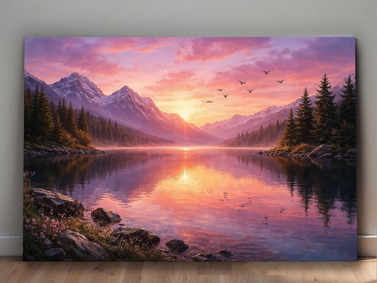 Abendstimmung am Bergsee, Ruhiges Landschaftsbild auf Leinwand