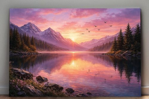 Abendstimmung am Bergsee, Ruhiges Landschaftsbild auf Leinwand