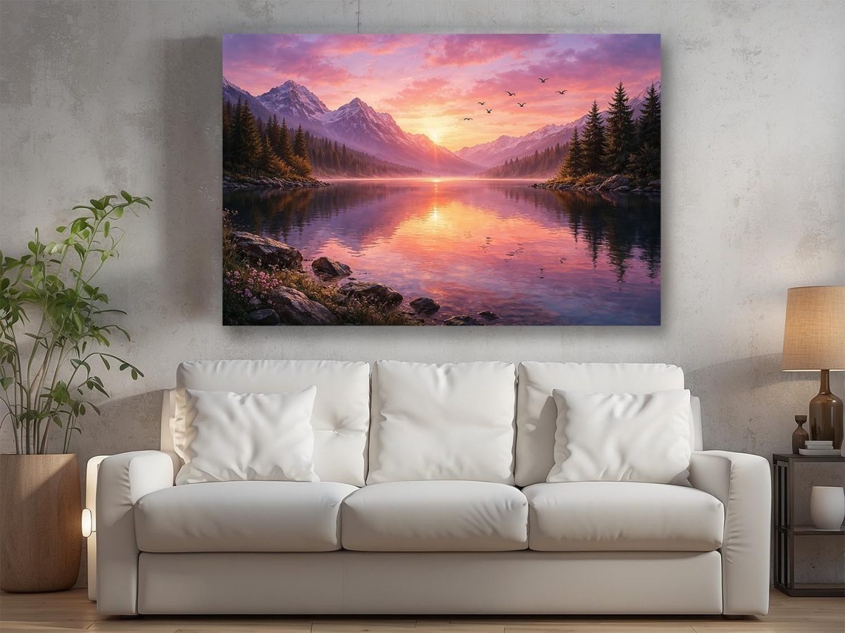 Abendstimmung am Bergsee, Ruhiges Landschaftsbild auf Leinwand