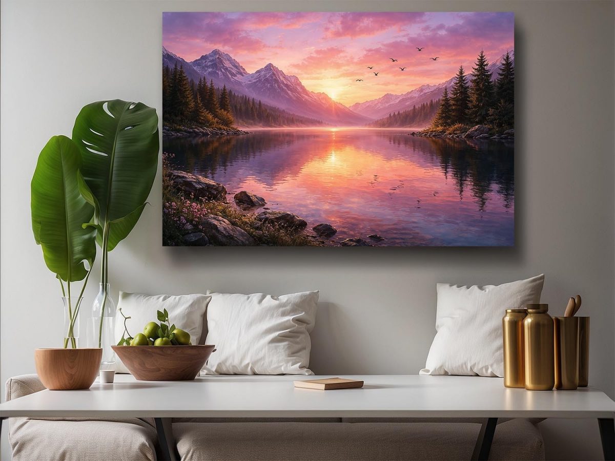 Abendstimmung am Bergsee, Ruhiges Landschaftsbild auf Leinwand