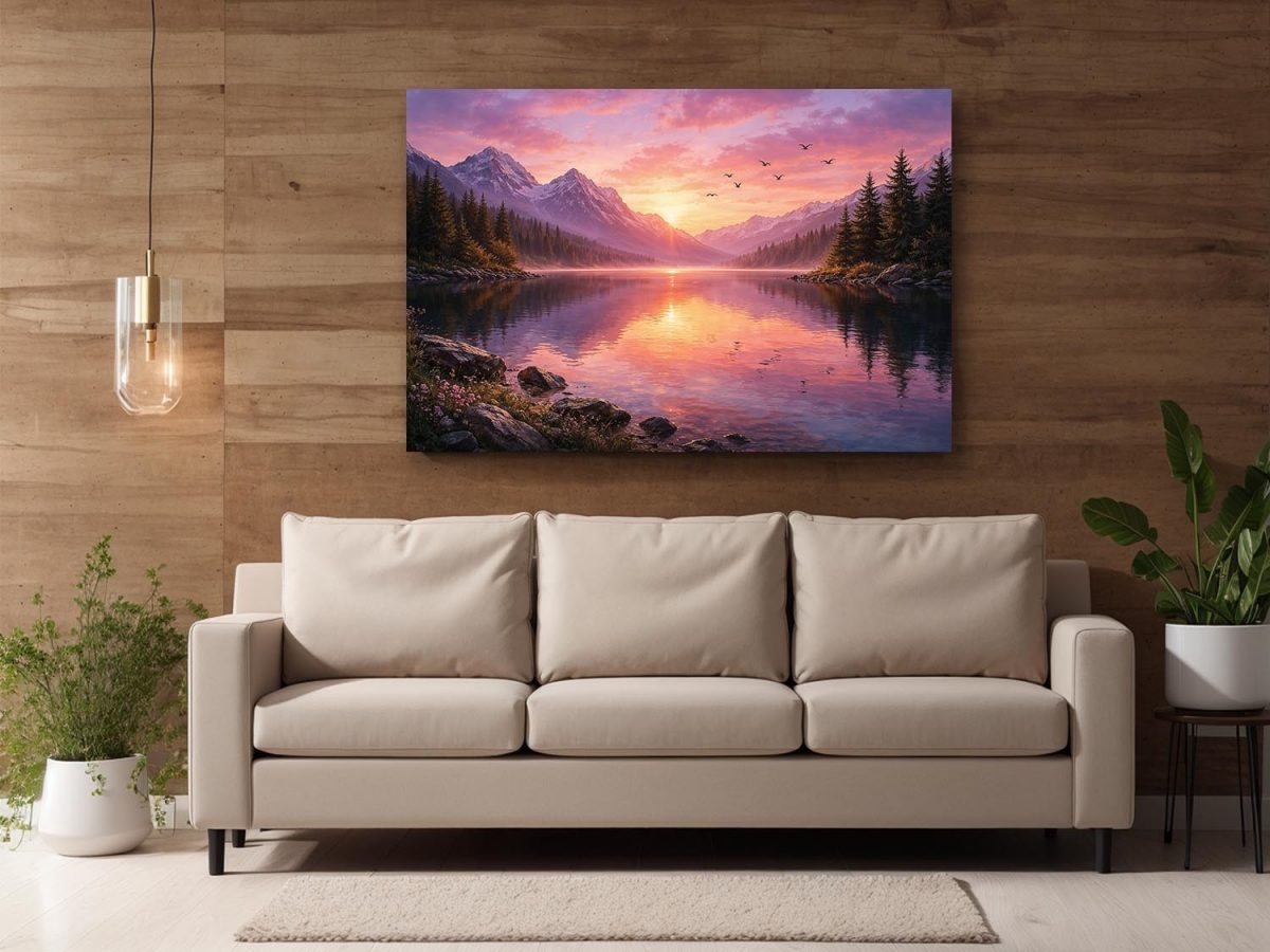 Abendstimmung am Bergsee, Ruhiges Landschaftsbild auf Leinwand