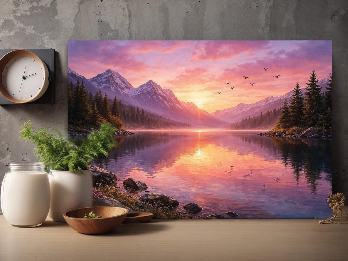 Abendstimmung am Bergsee, Ruhiges Landschaftsbild auf Leinwand