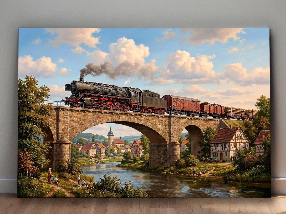 57-918.jpg Dampflok mit Güterzug auf einer Brücke - Bild auf Leinwand, Damflokzeit