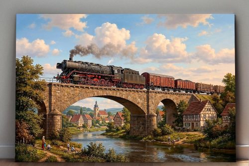 Dampflok mit Güterzug auf einer Brücke - Bild auf Leinwand, Damflokzeit