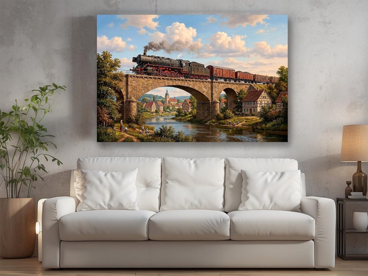 57-919.jpg Dampflok mit Güterzug auf einer Brücke - Bild auf Leinwand, Damflokzeit