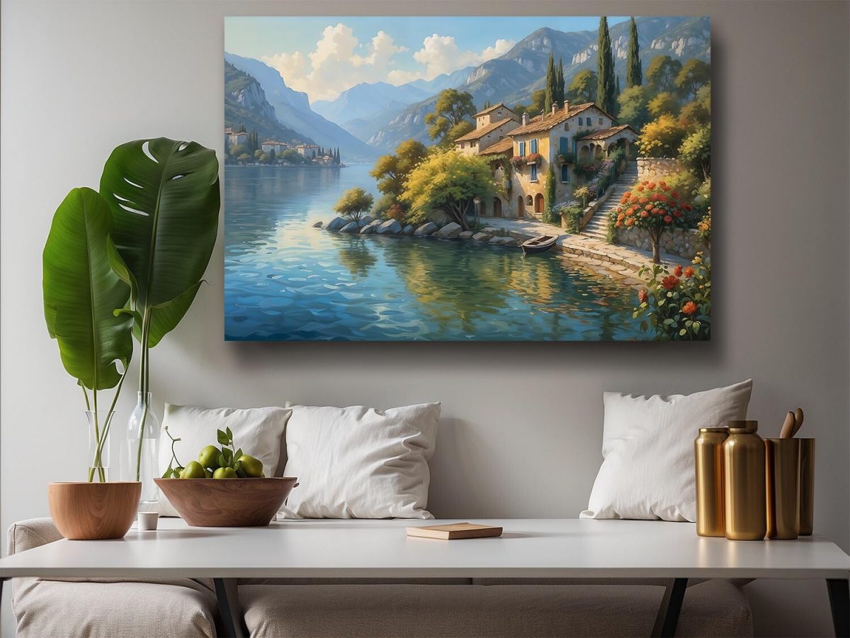 57-92.jpg Uferhaus am Gardasee mit Blick auf die Berge, Digital Art, KI Art