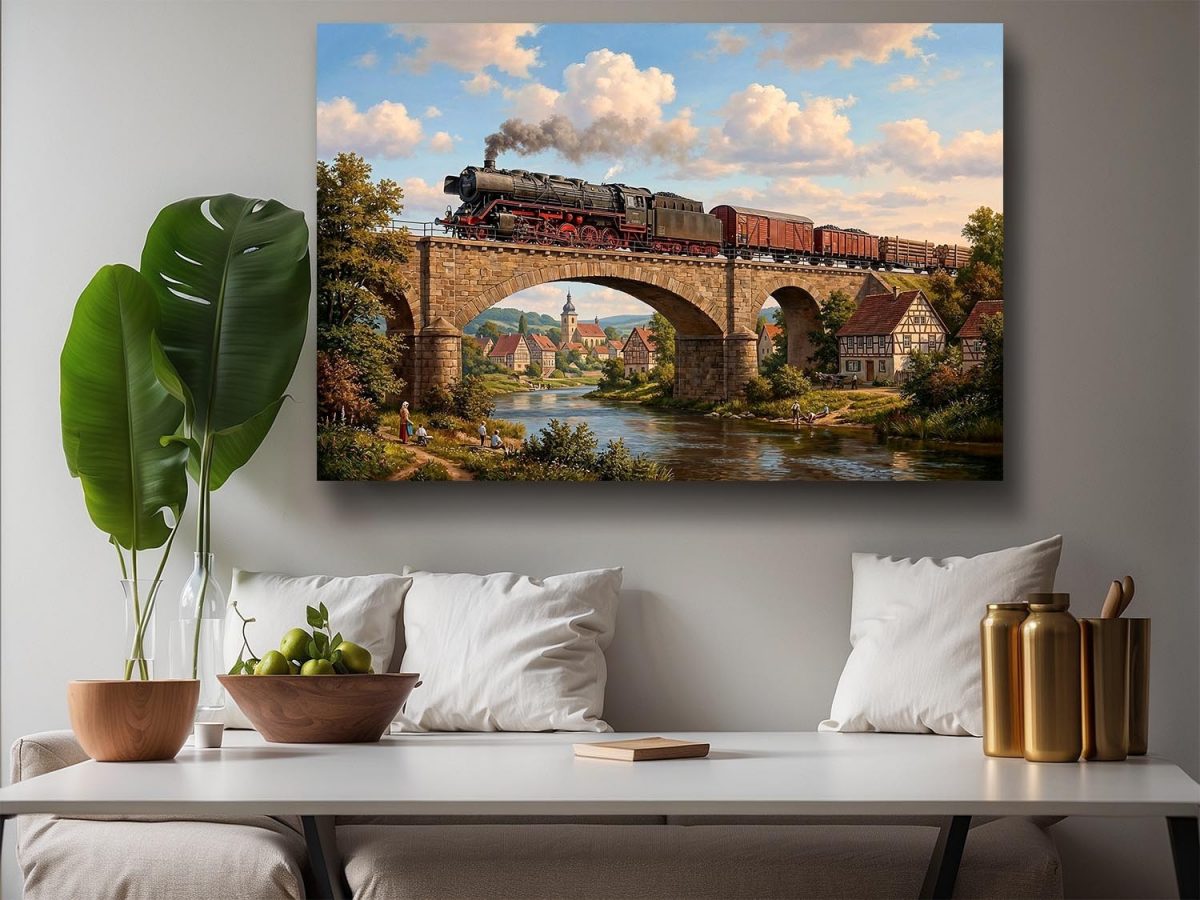 57-920.jpg Dampflok mit Güterzug auf einer Brücke - Bild auf Leinwand, Damflokzeit