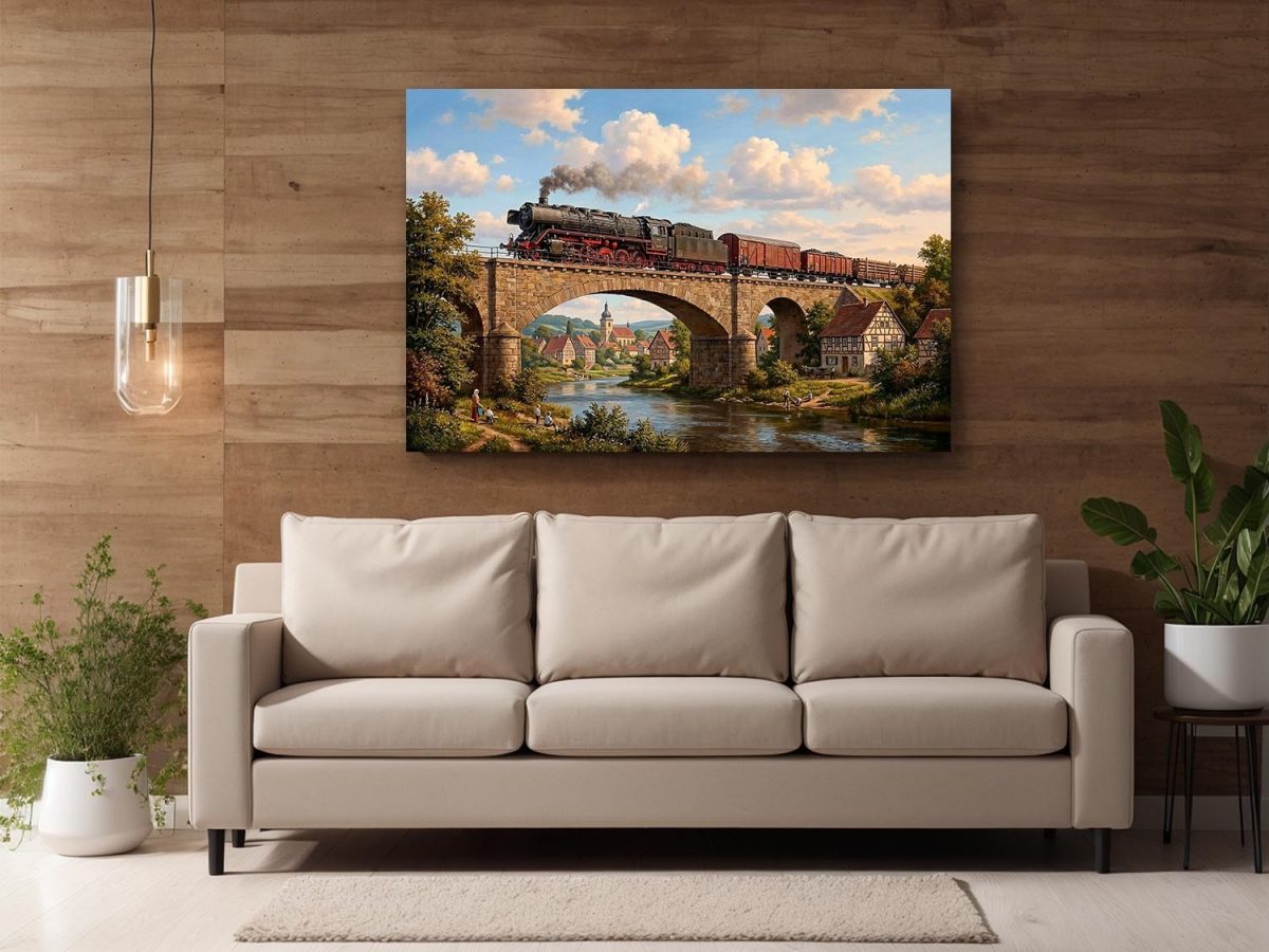 57-921.jpg Dampflok mit Güterzug auf einer Brücke - Bild auf Leinwand, Damflokzeit