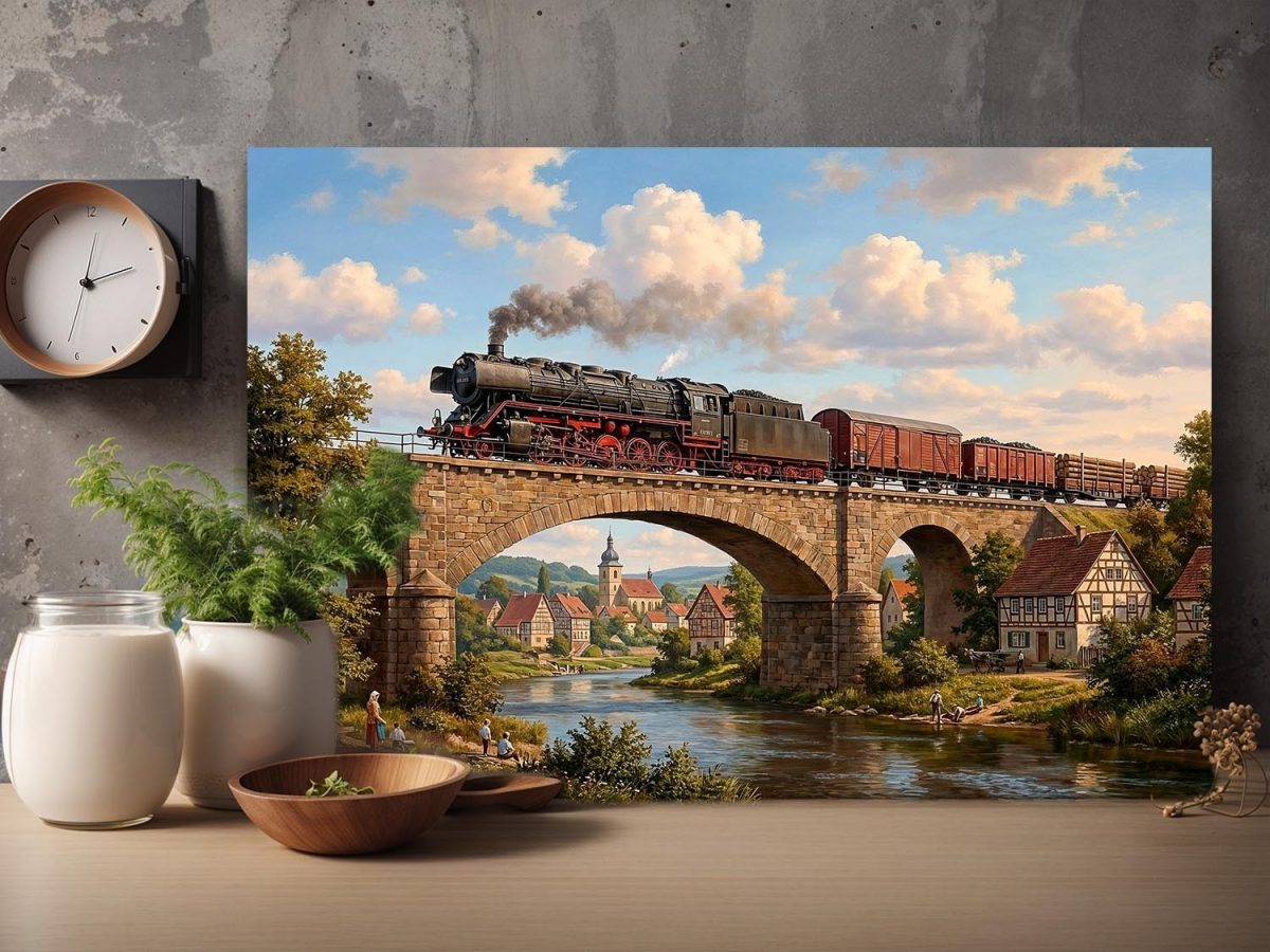 57-922.jpg Dampflok mit Güterzug auf einer Brücke - Bild auf Leinwand, Damflokzeit