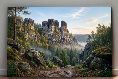 Morgenstille im Felsental - bei Sonnenaufgang, Gebirge, Bild auf Leinwand