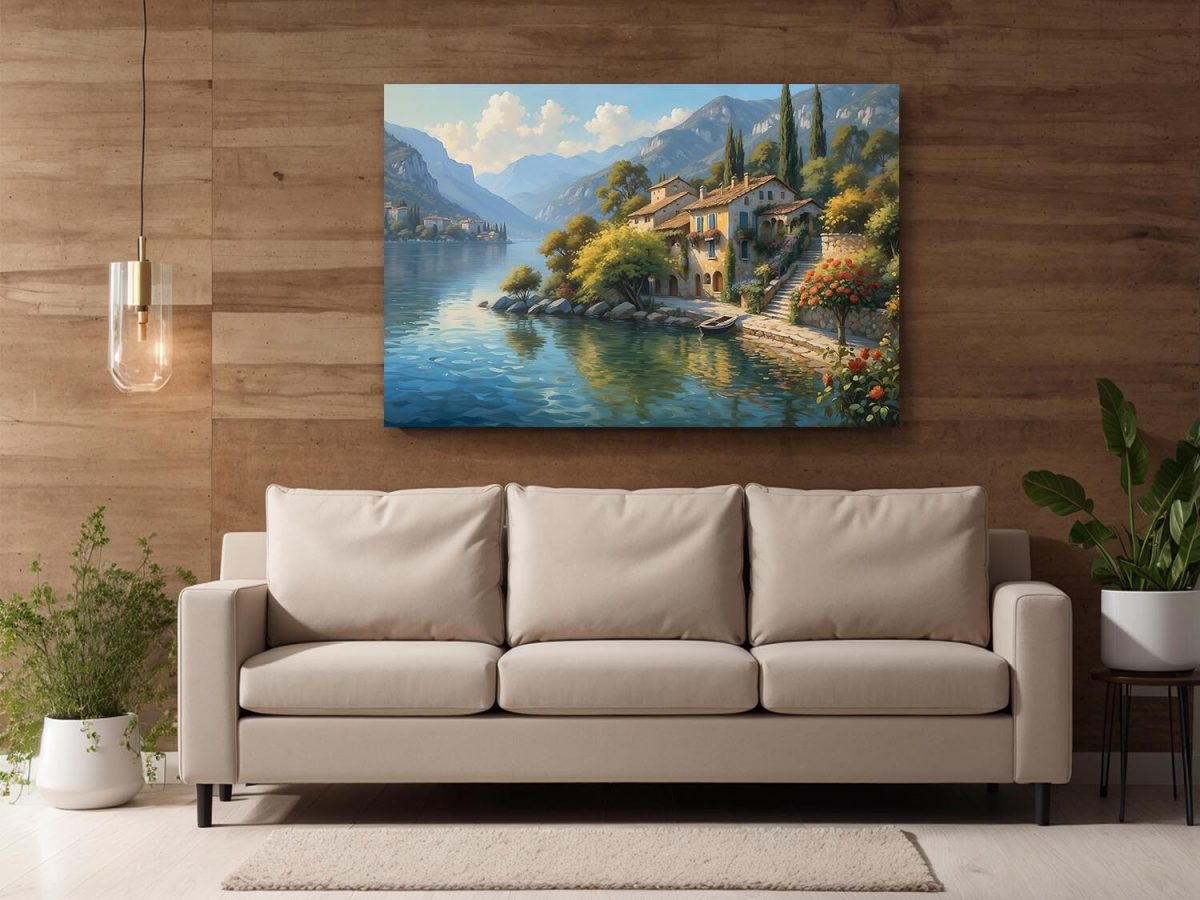 57-93.jpg Uferhaus am Gardasee mit Blick auf die Berge, Digital Art, KI Art