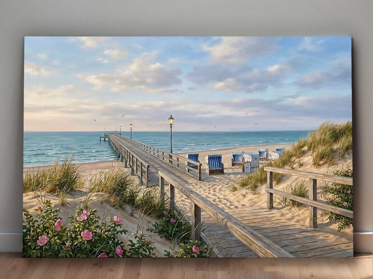 Leinwandbild Strand mit Seebrücke – Maritimer Leinwanddruck Meer Küste