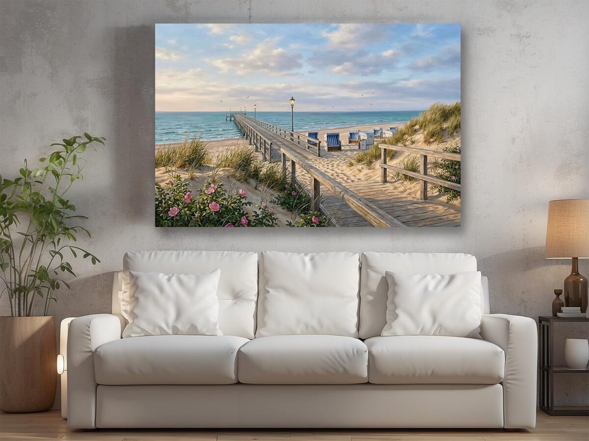 Leinwandbild Strand mit Seebrücke – Maritimer Leinwanddruck Meer Küste