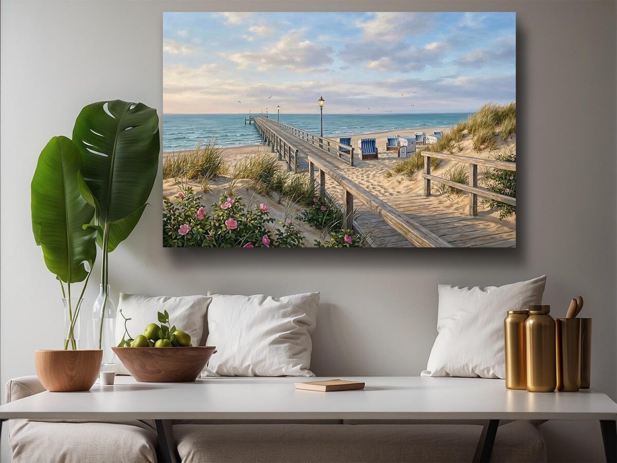 Leinwandbild Strand mit Seebrücke – Maritimer Leinwanddruck Meer Küste
