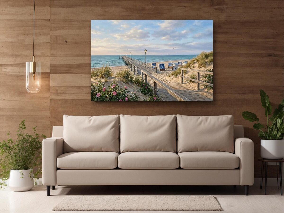 Leinwandbild Strand mit Seebrücke – Maritimer Leinwanddruck Meer Küste