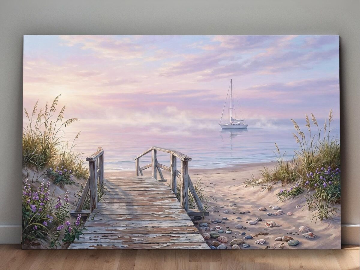 57-937.jpg Leinwandbild Strand Steg Segelboot – Maritimer Leinwanddruck Küste Meer