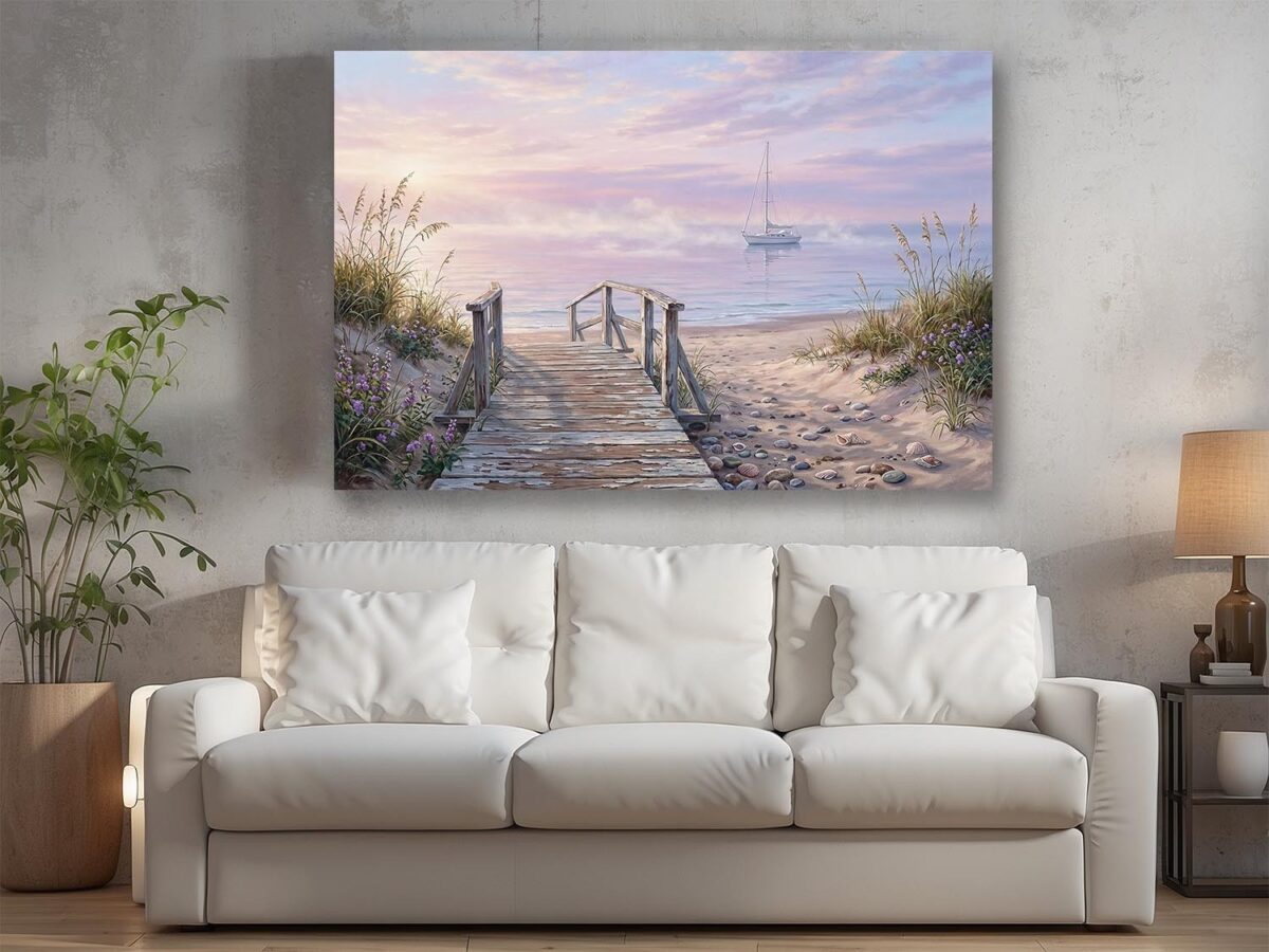 57-938.jpg Leinwandbild Strand Steg Segelboot – Maritimer Leinwanddruck Küste Meer