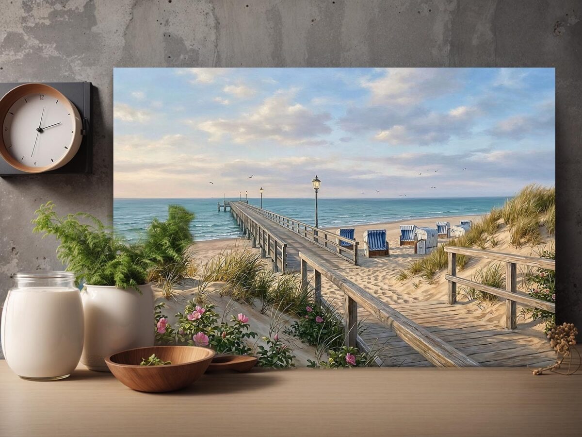 Leinwandbild Strand mit Seebrücke – Maritimer Leinwanddruck Meer Küste