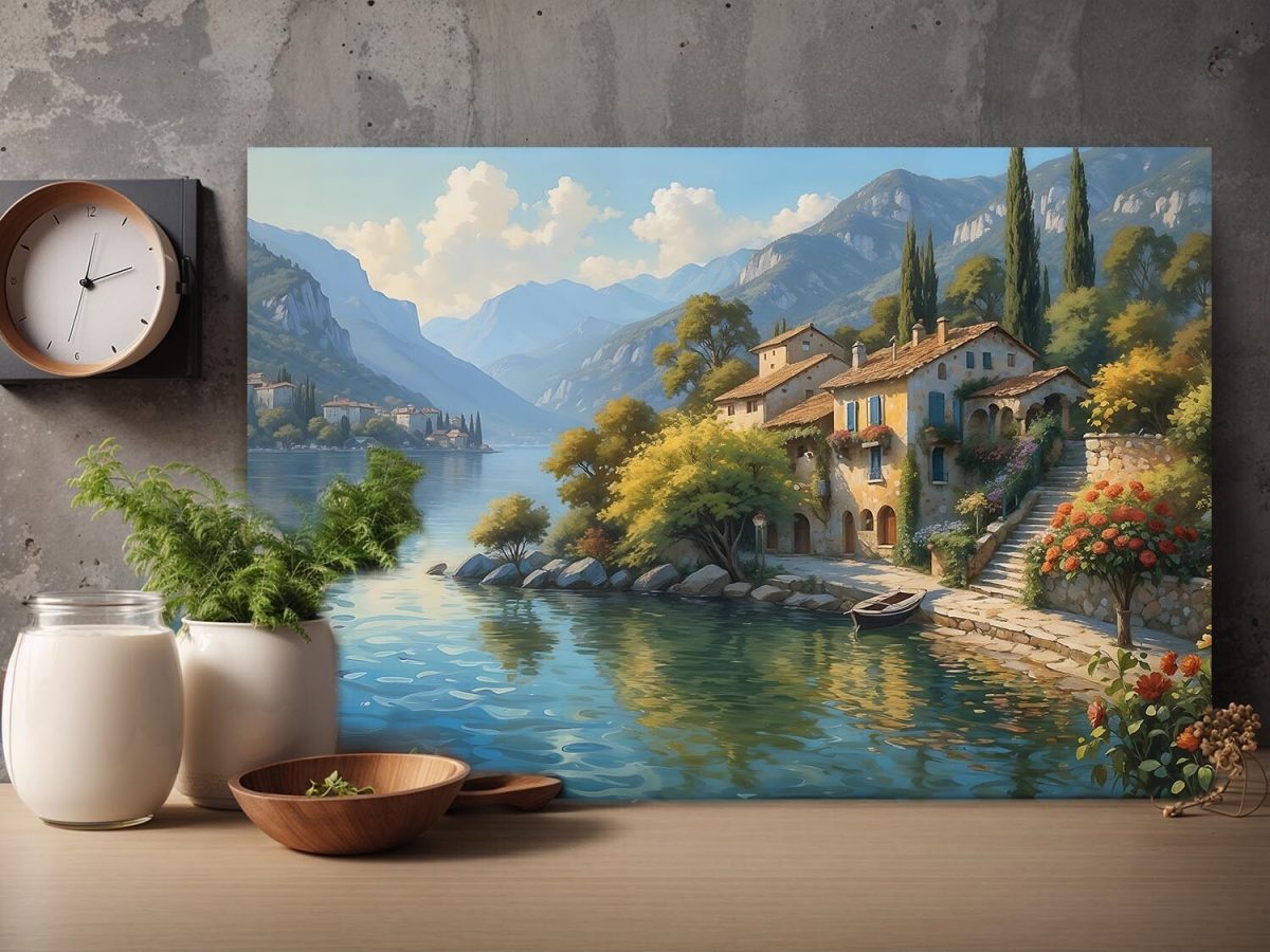 57-94.jpg Uferhaus am Gardasee mit Blick auf die Berge, Digital Art, KI Art