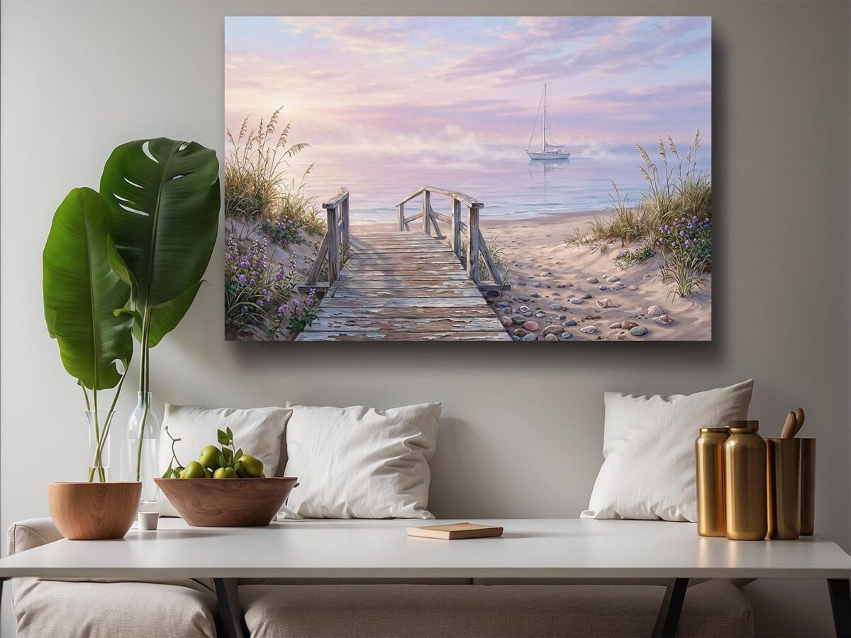 57-940.jpg Leinwandbild Strand Steg Segelboot – Maritimer Leinwanddruck Küste Meer