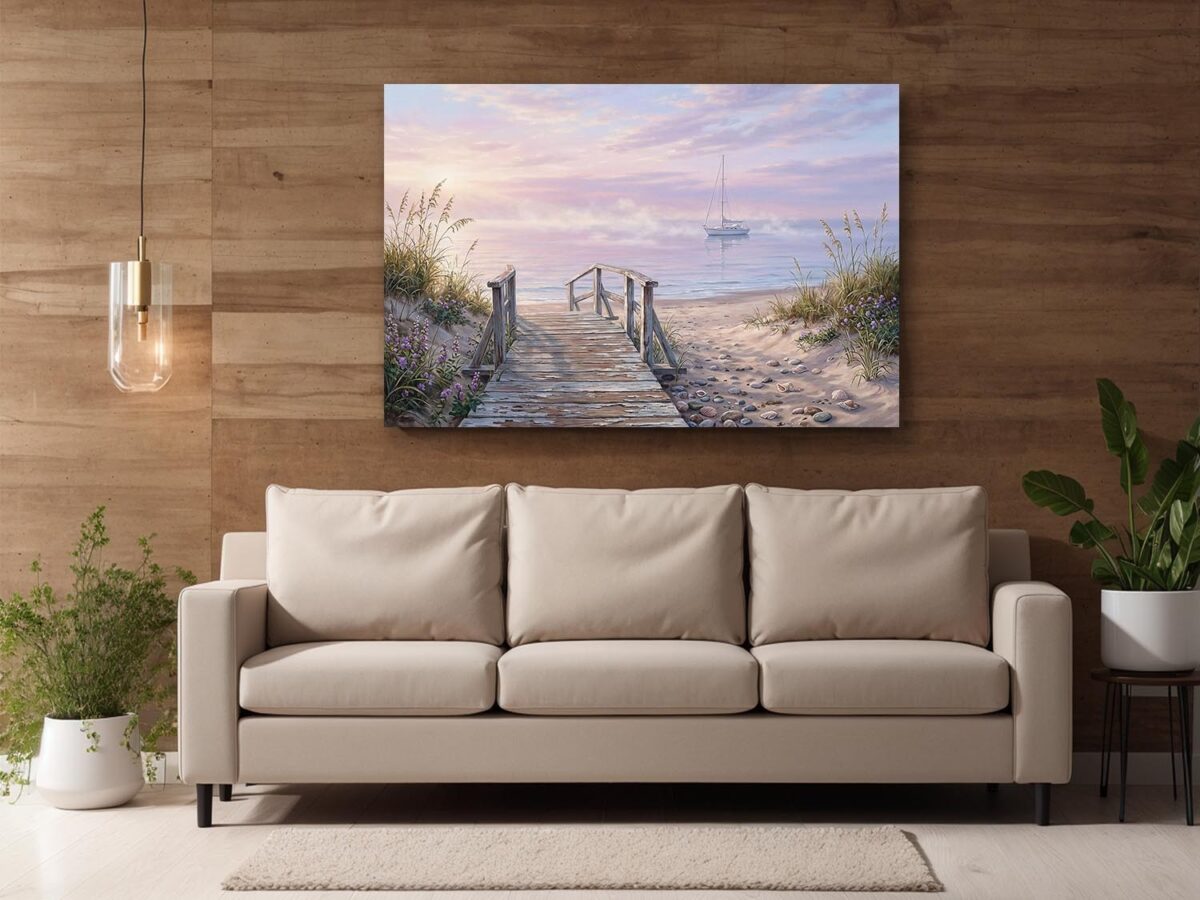 57-941.jpg Leinwandbild Strand Steg Segelboot – Maritimer Leinwanddruck Küste Meer