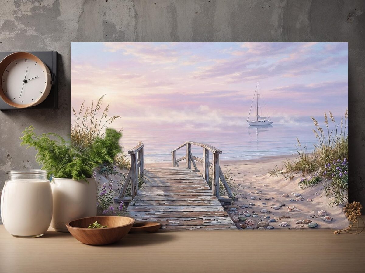 57-942.jpg Leinwandbild Strand Steg Segelboot – Maritimer Leinwanddruck Küste Meer