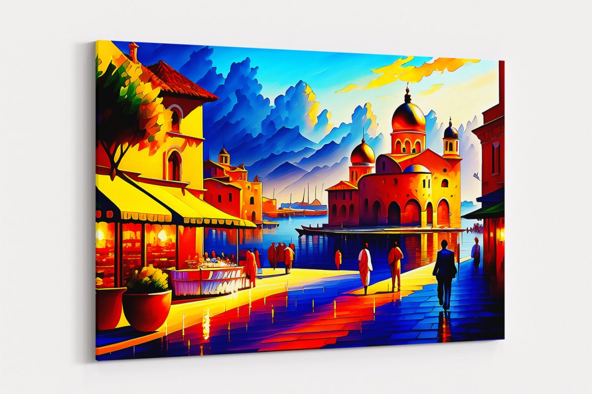 A line art illustration of medivel_4x-2k Abendstimmung am mediterranen Hafen – Bild auf Leinwand