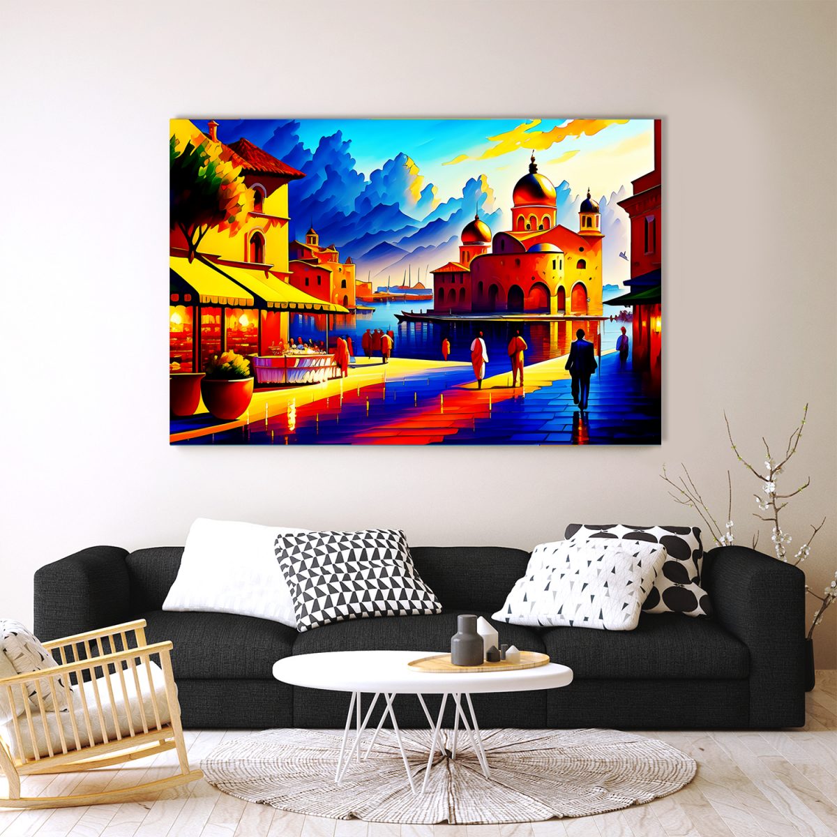 A line art illustration of medivel_4x-3k Abendstimmung am mediterranen Hafen – Bild auf Leinwand