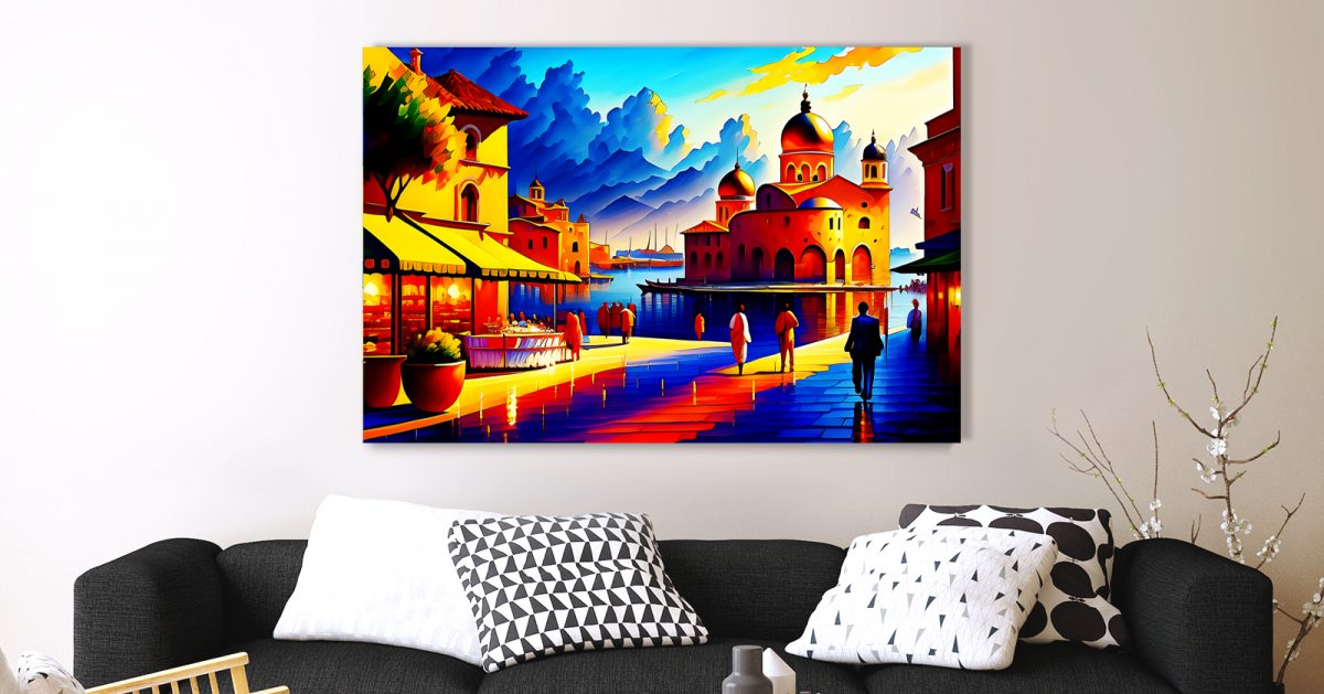 A line art illustration of medivel_4x-4k Abendstimmung am mediterranen Hafen – Bild auf Leinwand