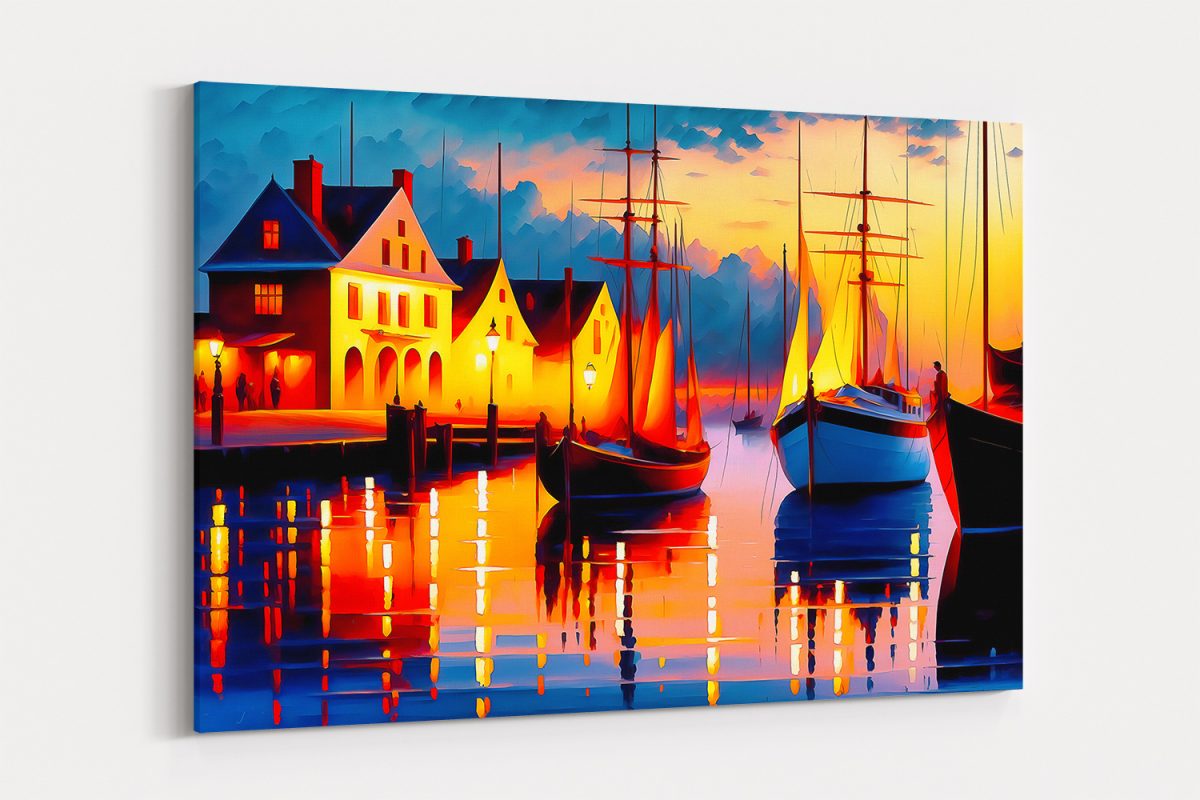 A line art illustration of port scene_4x_1-1 Idyllische Hafenszene bei Abenddämmerung – Bild auf Leinwand