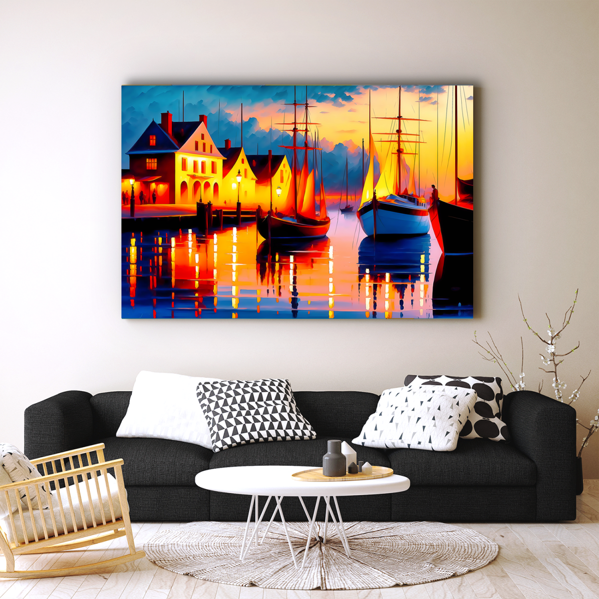 A line art illustration of port scene_4x_1-2.jpg Idyllische Hafenszene bei Abenddämmerung – Bild auf Leinwand