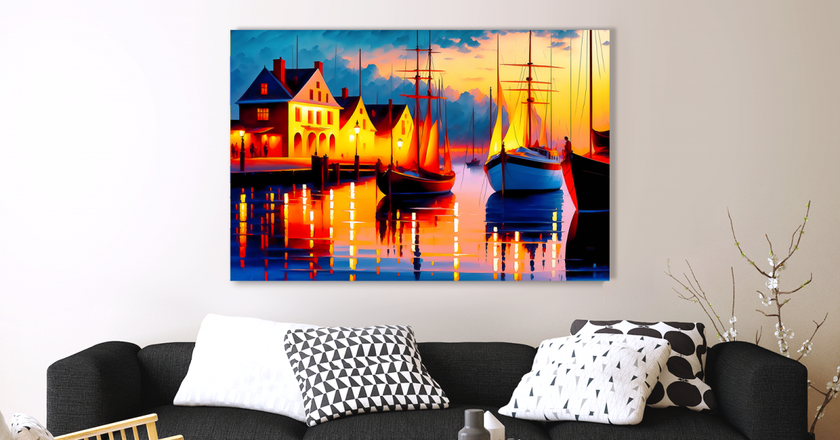 A line art illustration of port scene_4x_3 Idyllische Hafenszene bei Abenddämmerung – Bild auf Leinwand