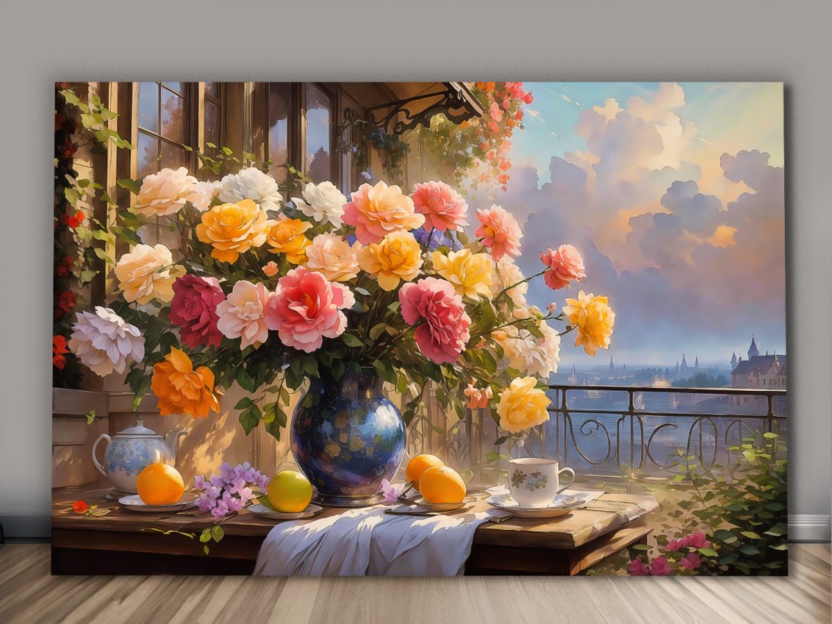 Blumenstrauß auf der Terrasse – Bild auf Leinwand