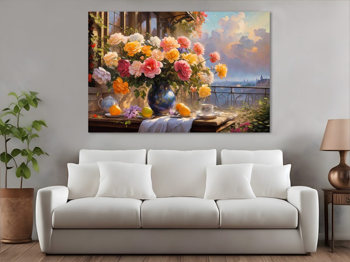 Blumenstrauß auf der Terrasse – Bild auf Leinwand