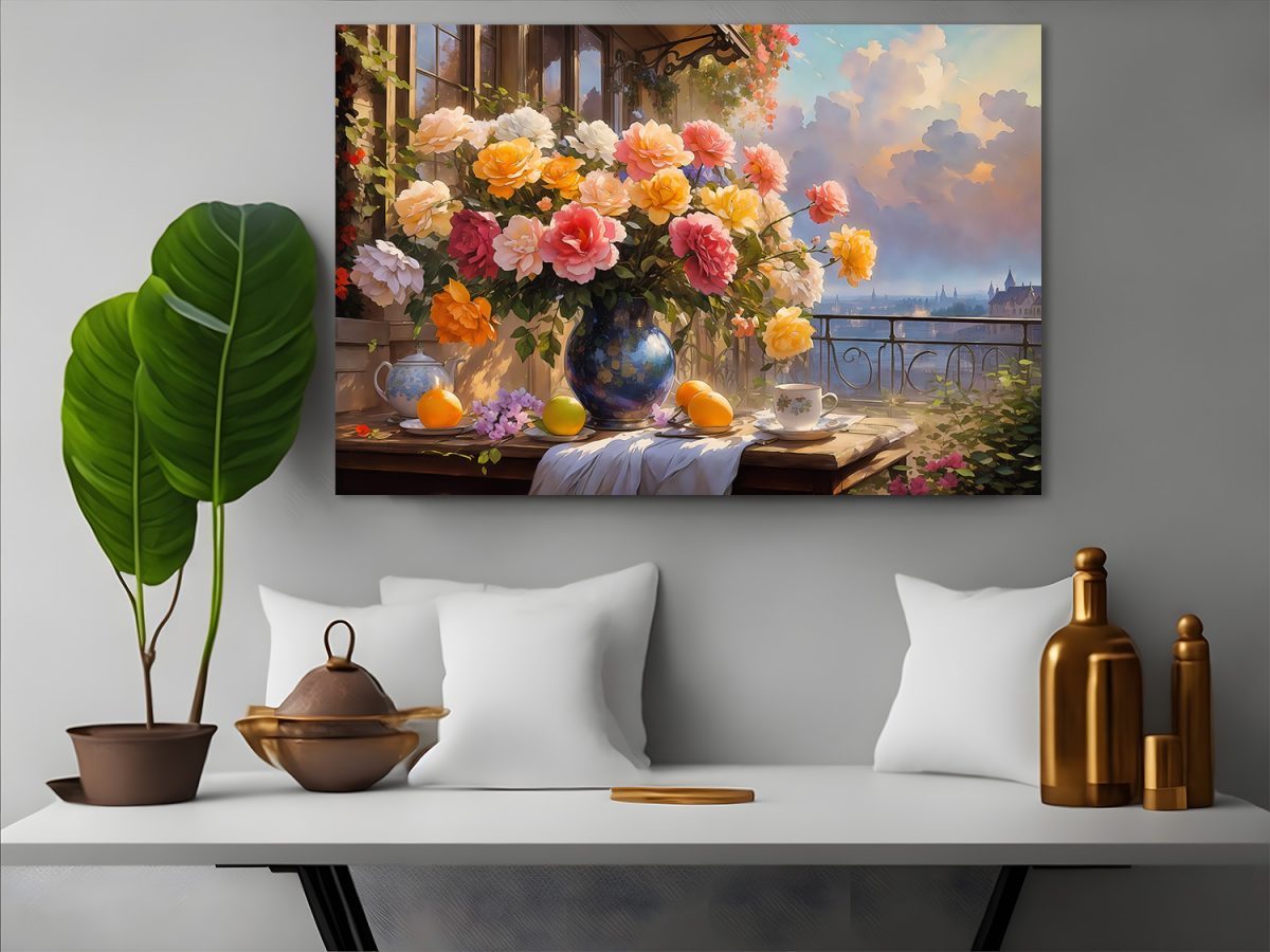 Blumenstrauß auf der Terrasse – Bild auf Leinwand