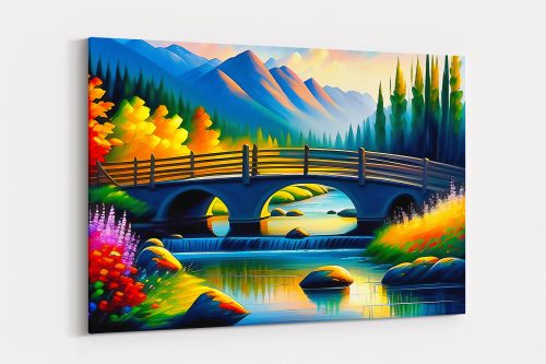 Idyllische Brücke am Fluss – Bild auf Leinwand