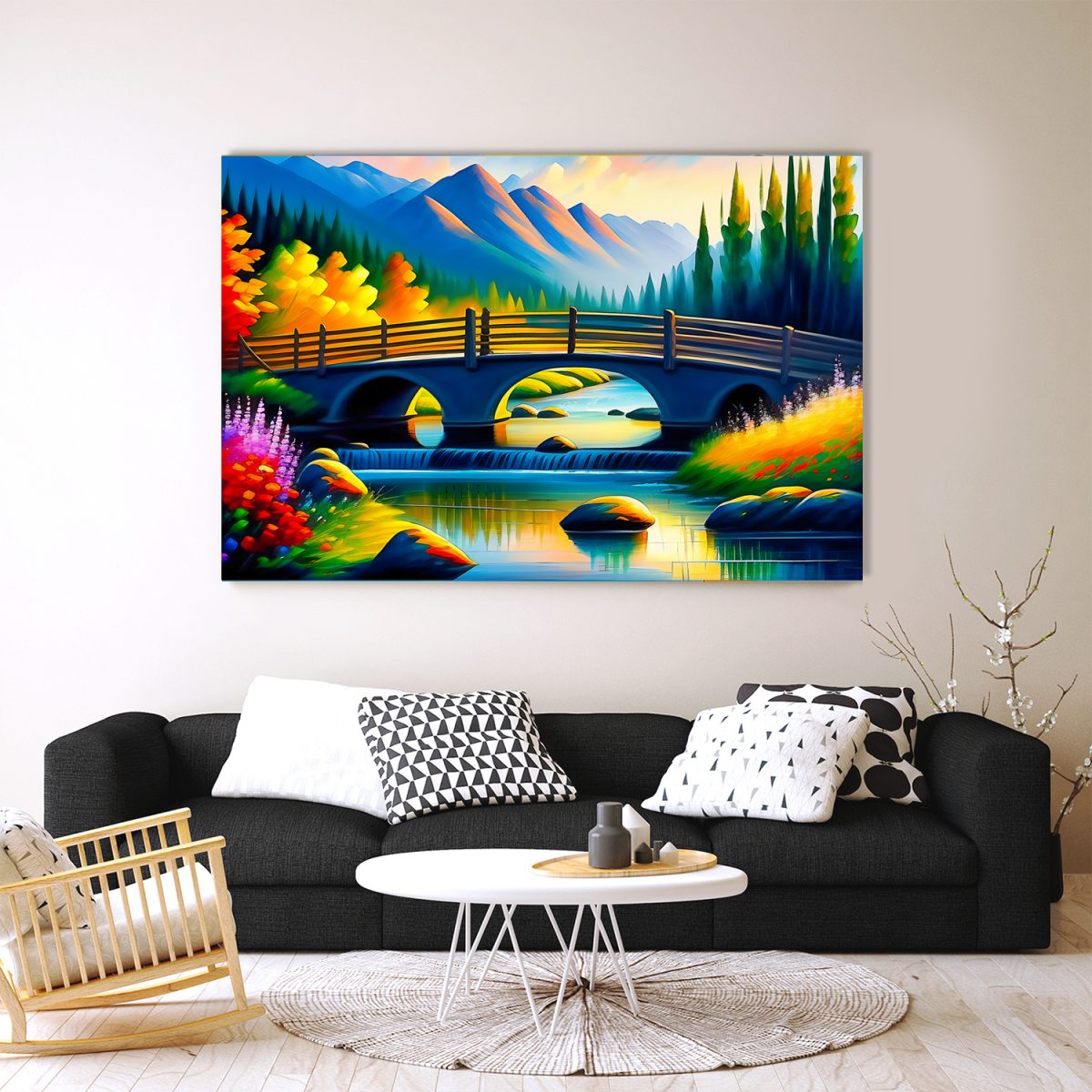 Bridge over a small river (1)_4x-3k Idyllische Brücke am Fluss – Bild auf Leinwand